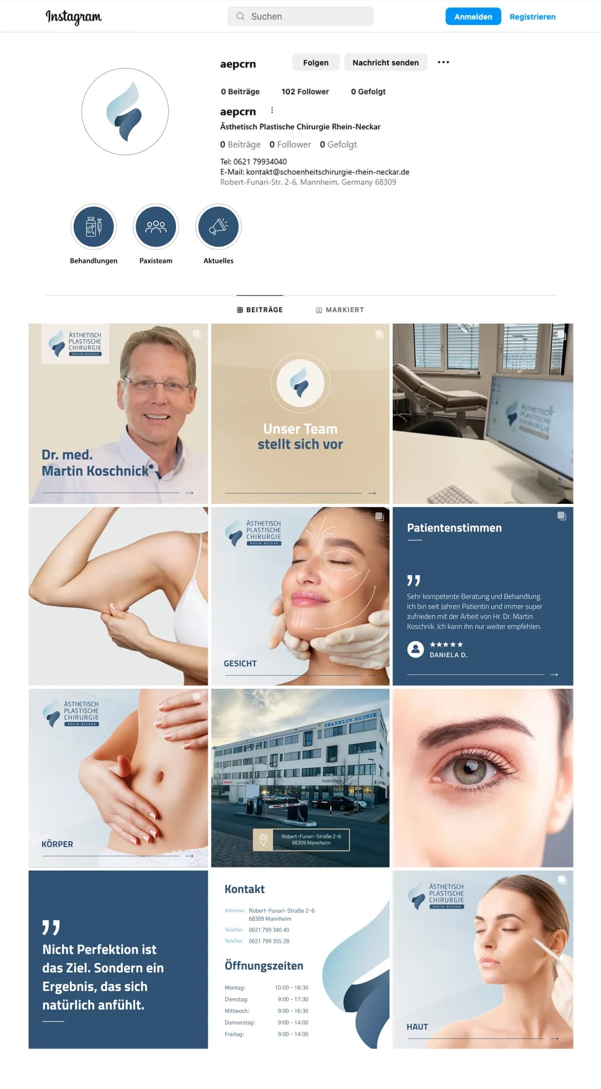 Instagram-Profil der Praxis mit Beiträgen zu Team, Behandlungen und Patientenstimmen im einheitlichen Erscheinungsbild