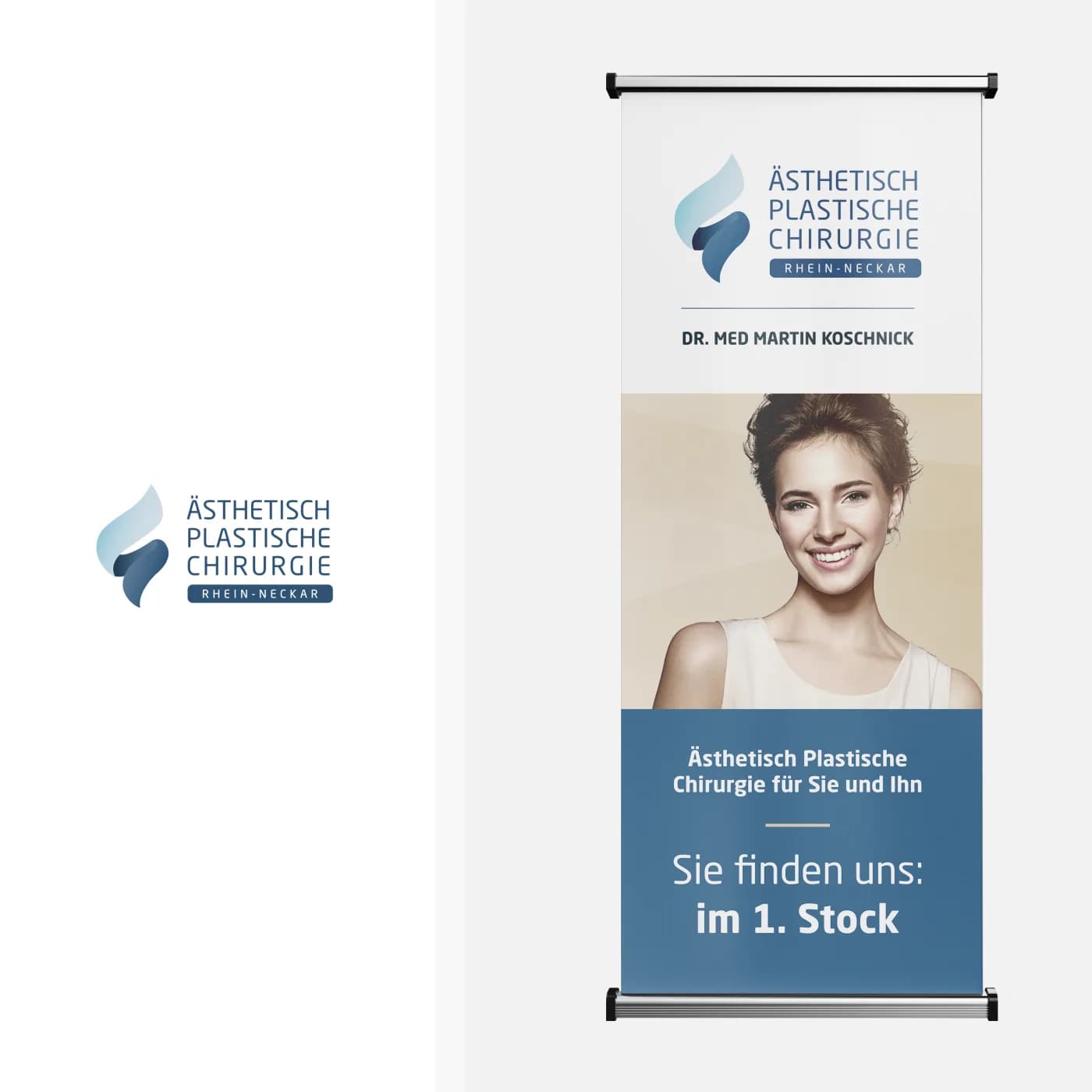 Roll-up für den Eingangsbereich mit Wegweiser in den ersten Stock, daneben das Logo der Praxis