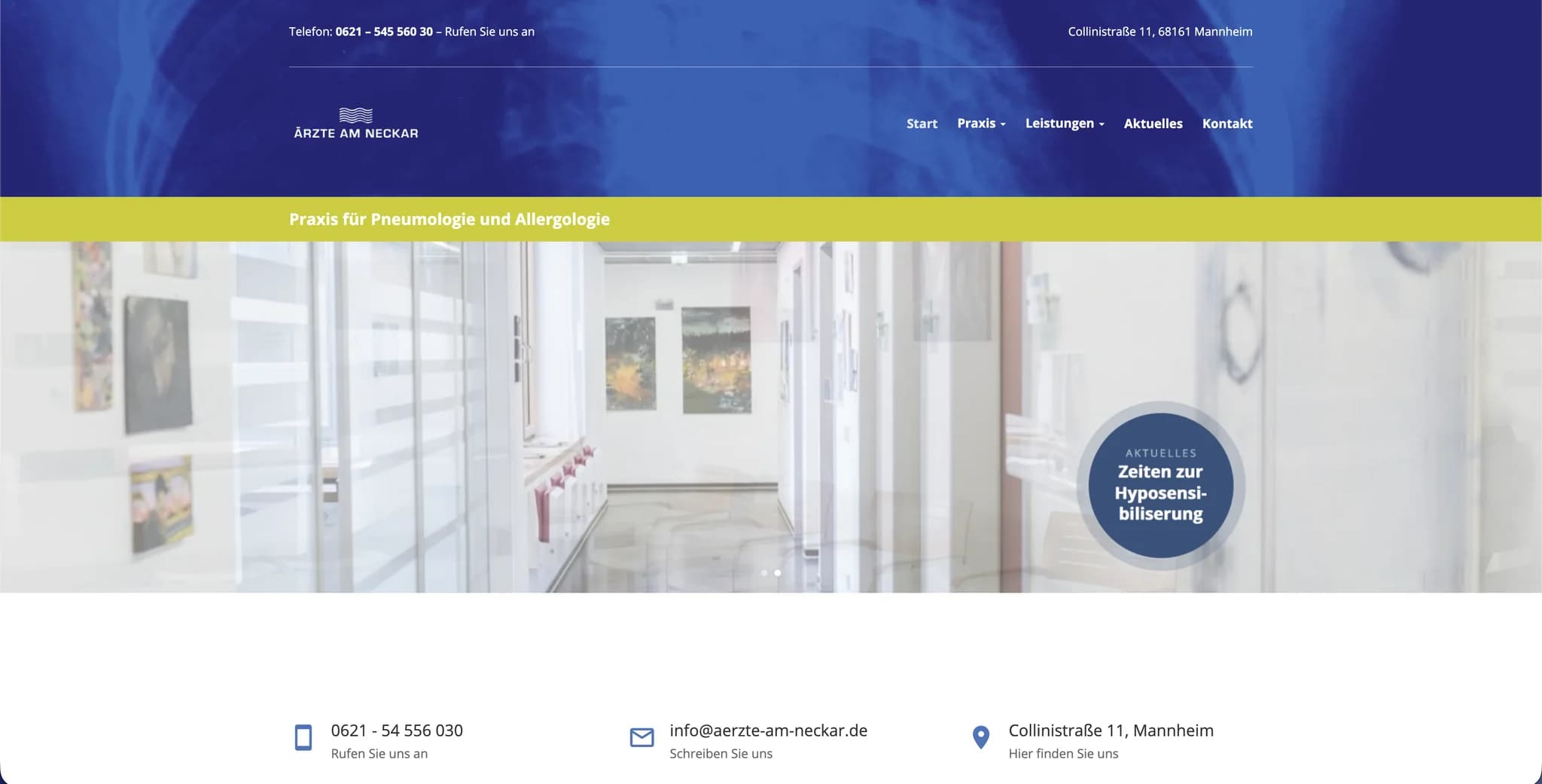Startseite von aerzte-am-neckar.de: blauer Kopfbereich mit Logo und Navigation, darunter eine Aufnahme der Praxisräume