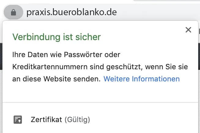 Browser-Adresszeile mit Schloss-Symbol und dem Hinweis „Verbindung ist sicher“ samt gültigem Zertifikat