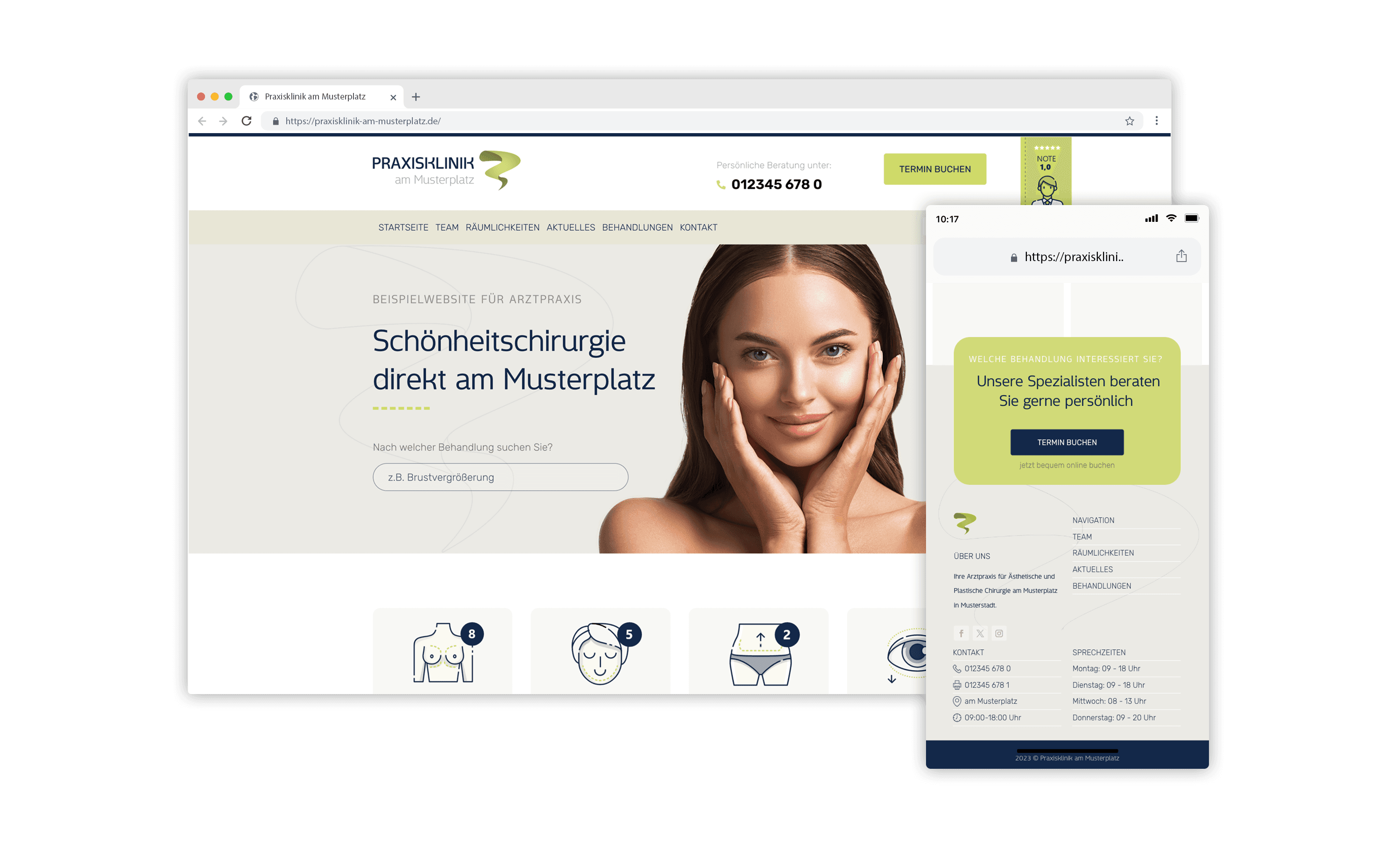 Beispielwebsite einer Arztpraxis auf Rechner und Smartphone