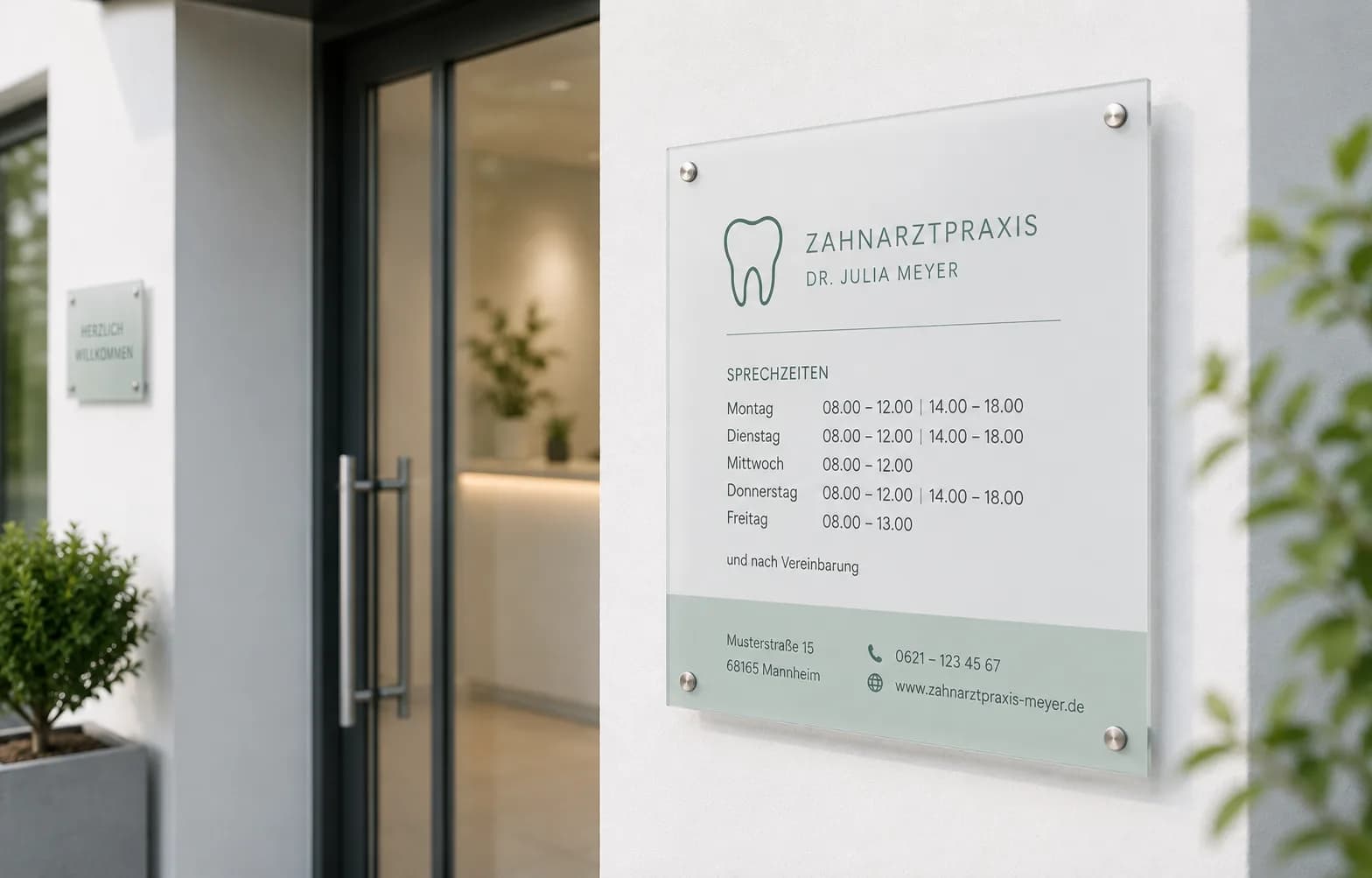 Praxisschild aus Glas neben dem Eingang einer Zahnarztpraxis, mit Logo, Name, Sprechzeiten und Kontaktangaben