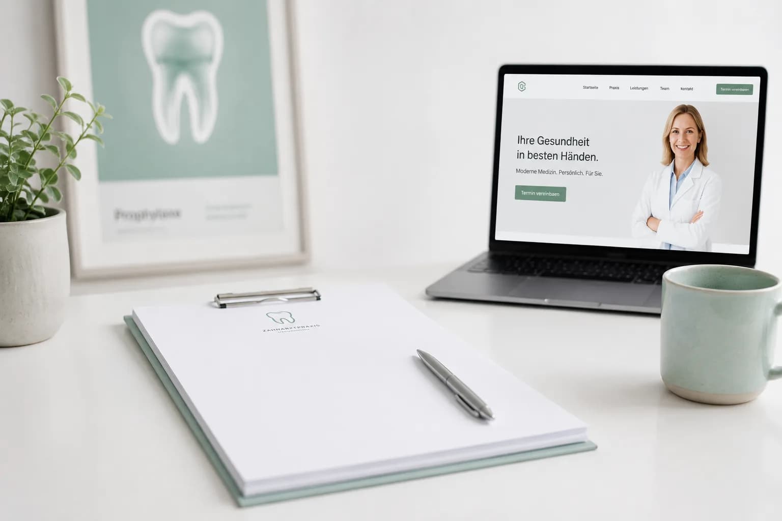 Praxiswebsite auf einem Laptop, davor Briefpapier mit dem Logo einer Zahnarztpraxis und ein gerahmtes Plakat im selben Erscheinungsbild